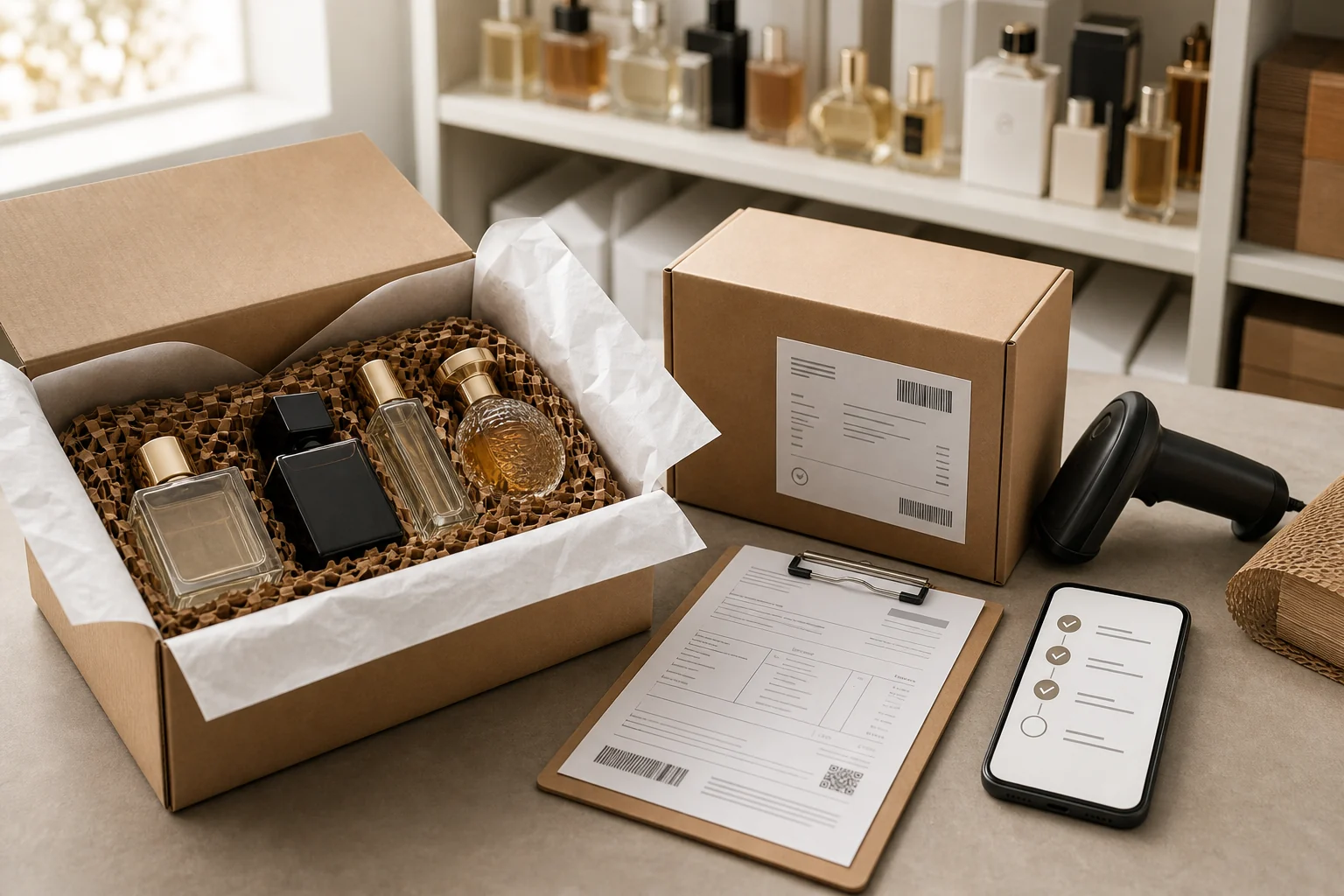 Fragrance order being packed with a shipping label, barcode scanner and digital order tracking